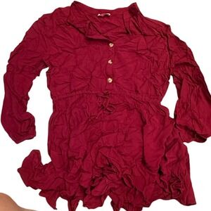 Pink‎ Lily Tunic Top Ruffle Hem Long Sleeve Blouse Wine Red Size L